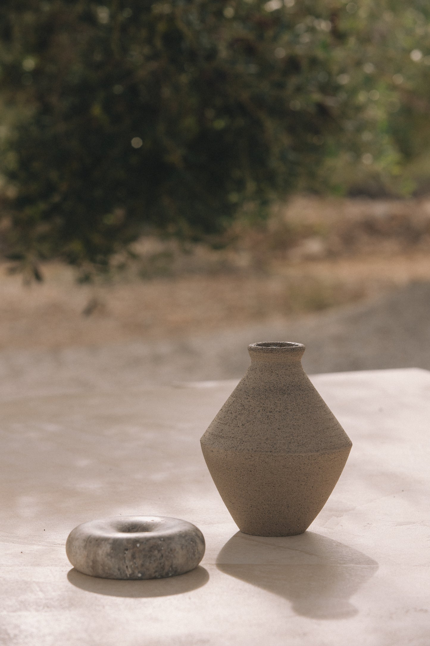 Donut Candle Holder, Gray Travertine Marble