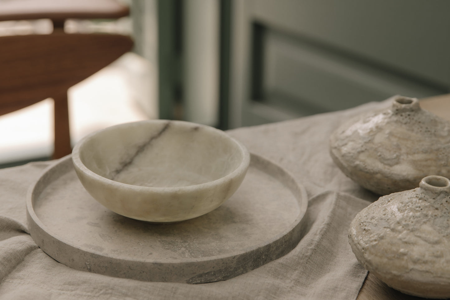 Round Tray, Gray Travertine